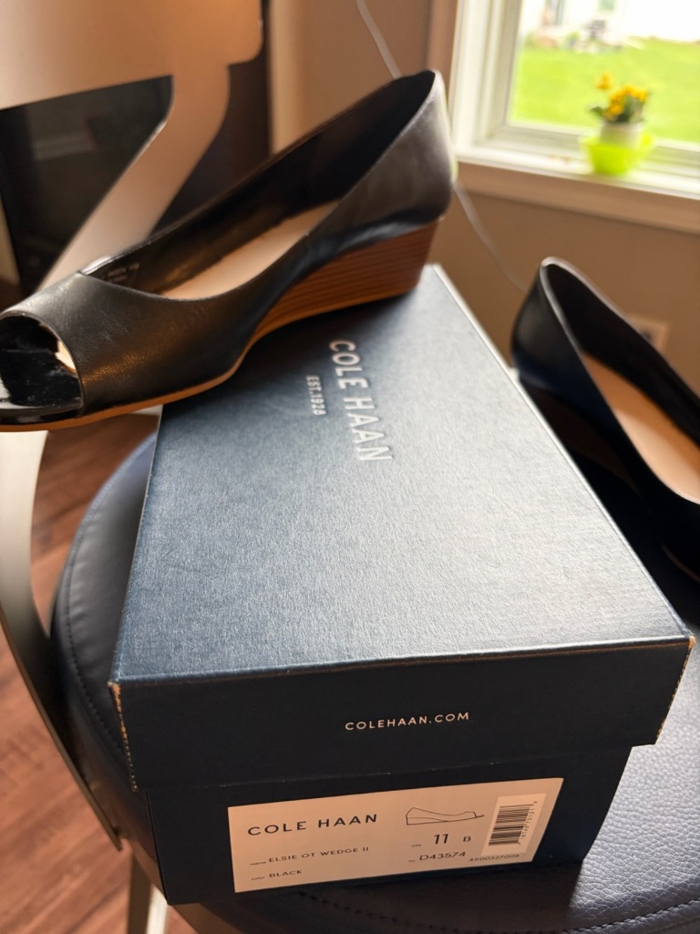 Cole Haan Black Peep-Toe Leather Wedge Sandals